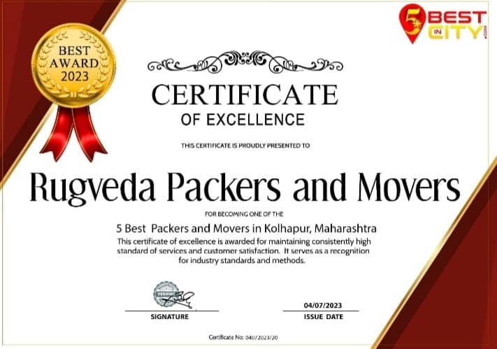 5 Best in City Award for Rugveda Packers and Movers